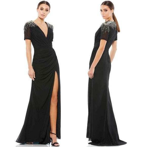 Ieena for Mac Duggal 55704 Beaded Shoulder Ruched Dress High Slit Black Size 4 - Picture 1 of 15